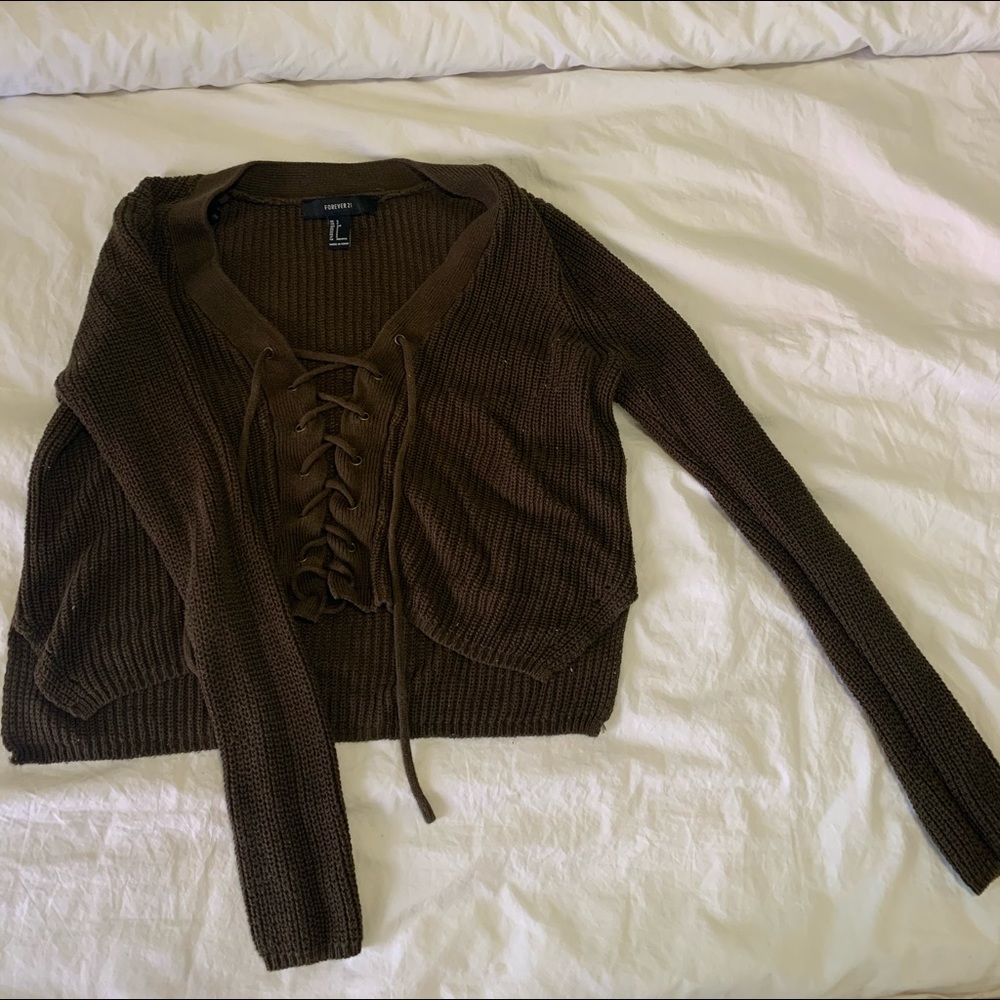 Dark green, cropped lace up sweater